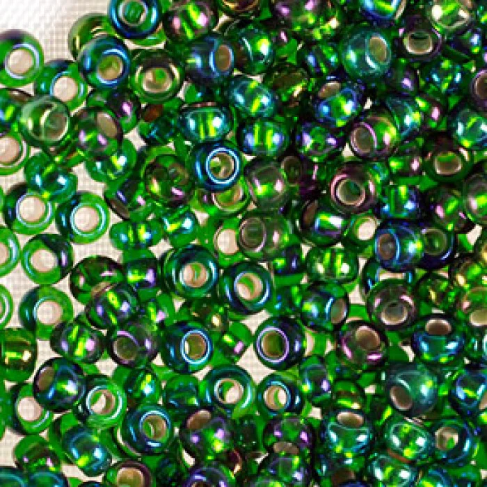 57129 10/0 чеський бісер Preciosa, зелений, прозорий райдужний з блискучим срібним отвором